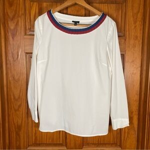 Talbots Crisp White Long Sleeve Blouse with Red and Blue Ruffle Trim